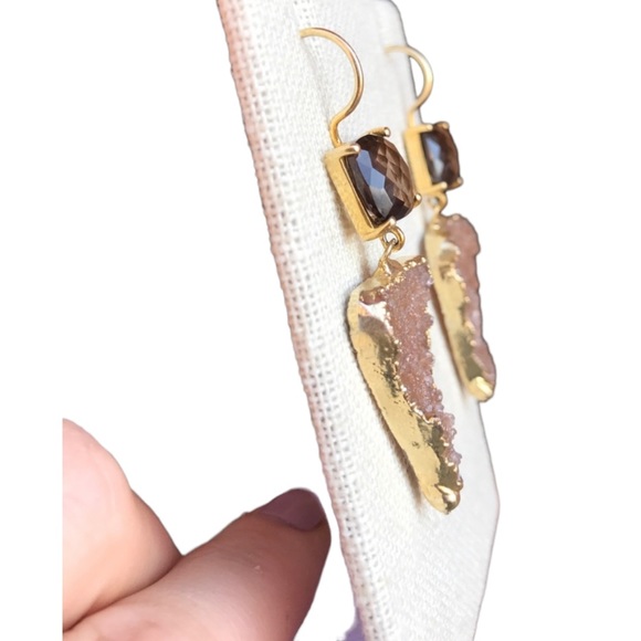 Smokey Quartz and Druzy gold plated wire back Earrings - Picture 7 of 11